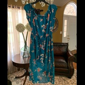 Blue and floral off the shoulder romper w/ overlay